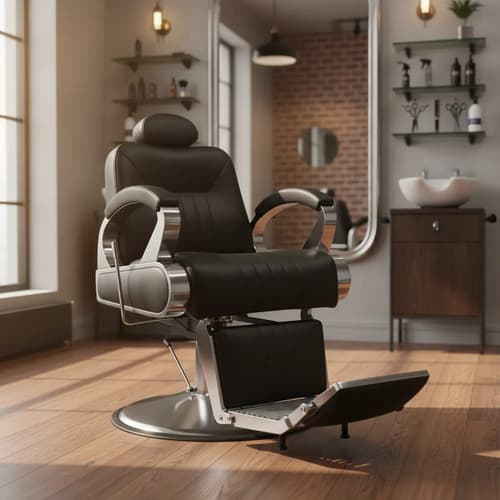 Sillón Barbero Hidráulico Vertex Apoyacabeza Reposapies Neg. Negro Tapizado Reclinable Redonda