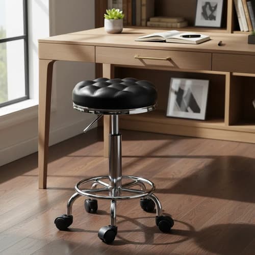 Banqueta Taburete Capitoné Con Apoyapié Base Cromada Negro Cromado Negro