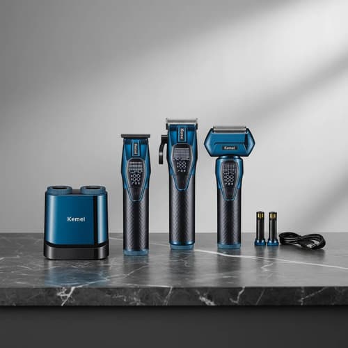 Kit Clipper + Trimmer + Shaver Con Cuchillas De Acero Kemei Azul