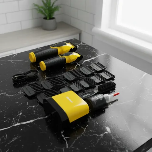 Kit Clipper + Trimmer + Shaver Con Accesorios 9000rpm Kemei Amarillo