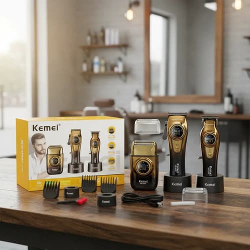 Kit Clipper + Trimmer + Shaver Profesional Premium Kemei Dorado